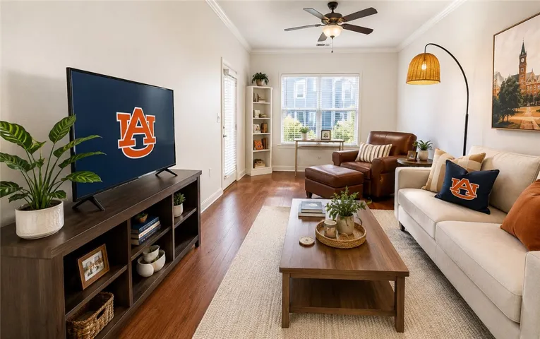 Hardwood flooring and crown molding accentuate this inviting, naturally lit living area.