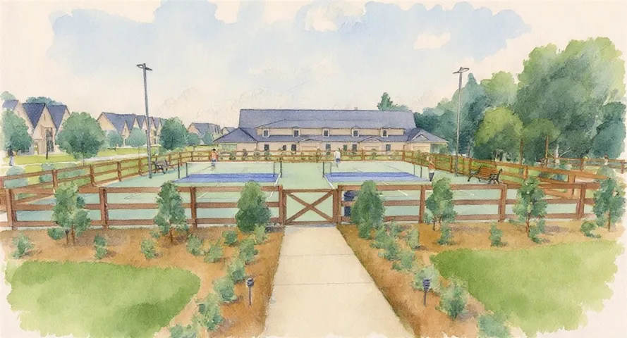Proposed watercolor of Auburn Farms Pickleball Courts - All plans, pricing, and specifications are subject to change without notice.