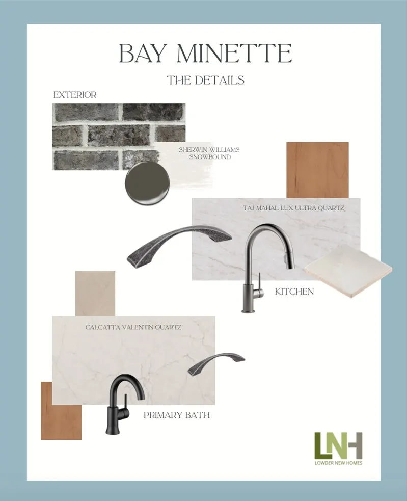 An expertly curated design palette showcases premium selections for both interior and exterior finishes.