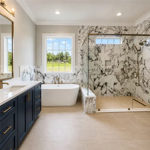A well-appointed primary bath features a spacious shower, a soaking tub, and vanity with double sinks.