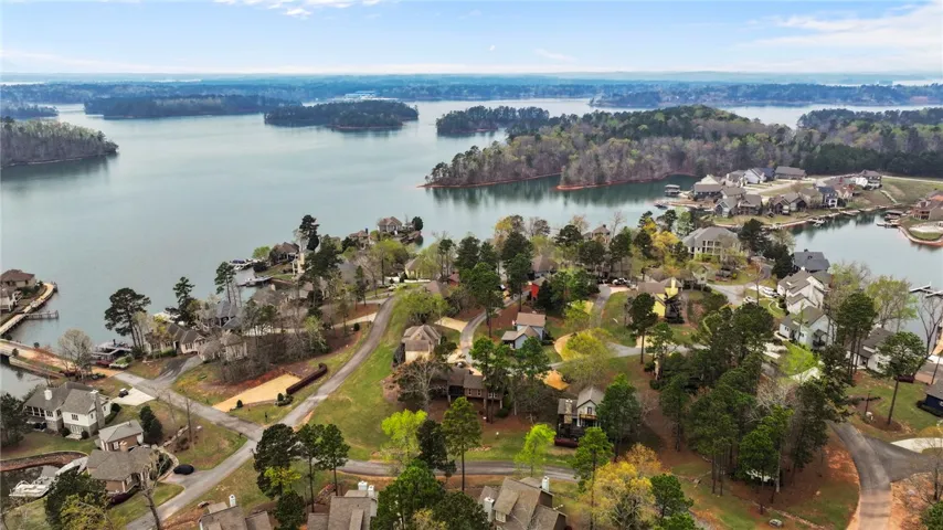 An aerial perspective reveals a serene waterfront community nestled amidst lush, tree-lined shores.