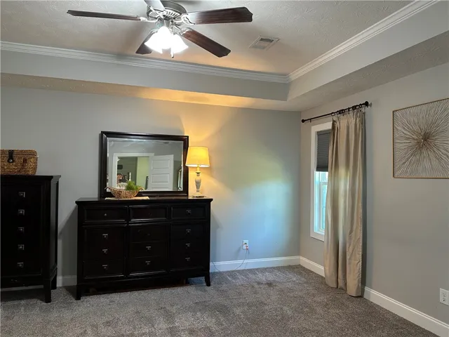 This spacious bedroom features a ceiling fan, crown molding, and plush carpeting.