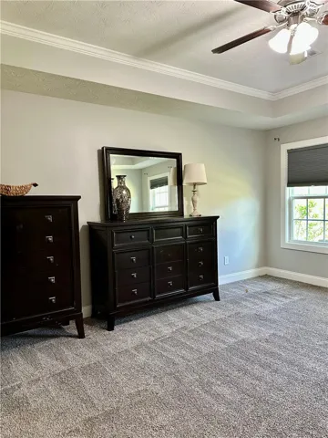 A well-lit primary bedroom features soft carpeting, tray ceilings, and ample natural light from a window.