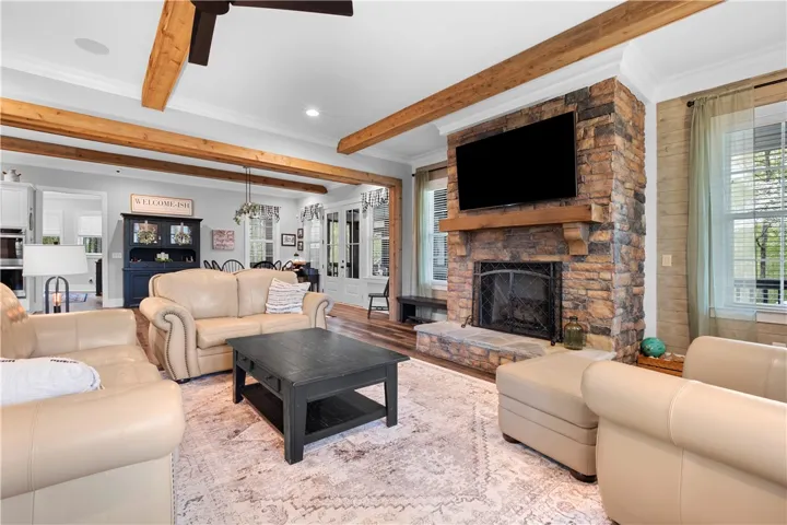 A gas fireplace is the focal point of the living room.