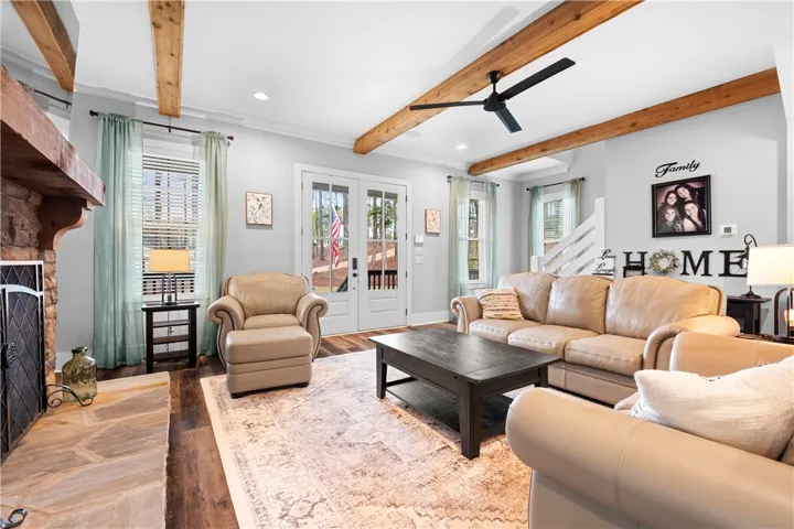 Exposed beams add dimension to the great room.