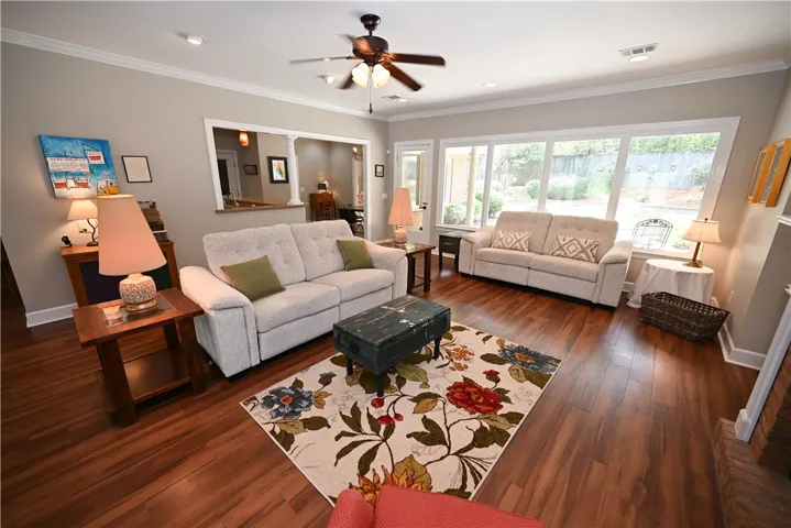 A lovely backyard view adding natural light to the living room.