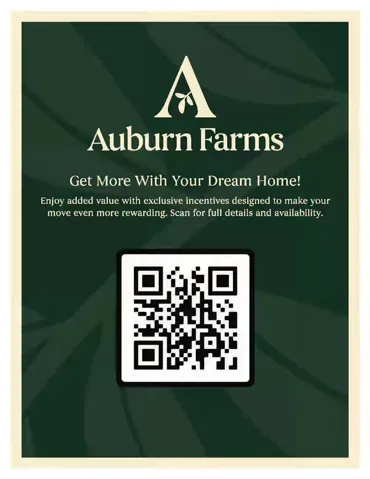 Auburn Farms
Springtime Savings!
Now through May 15 — Receive up to $7500 in savings on Terraces and $10,000 on Single Family Homes that go to contract by May 15th, 2026! - with use of preferred lender.