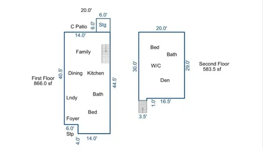 Floor plan with bedrooms on 1st and 2nd levels; bonus on top.