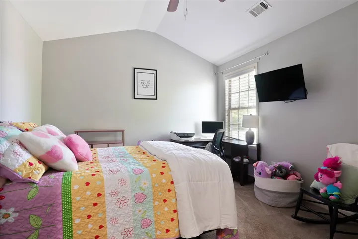 This spacious bedroom features a vaulted ceiling, providing an airy and open atmosphere.