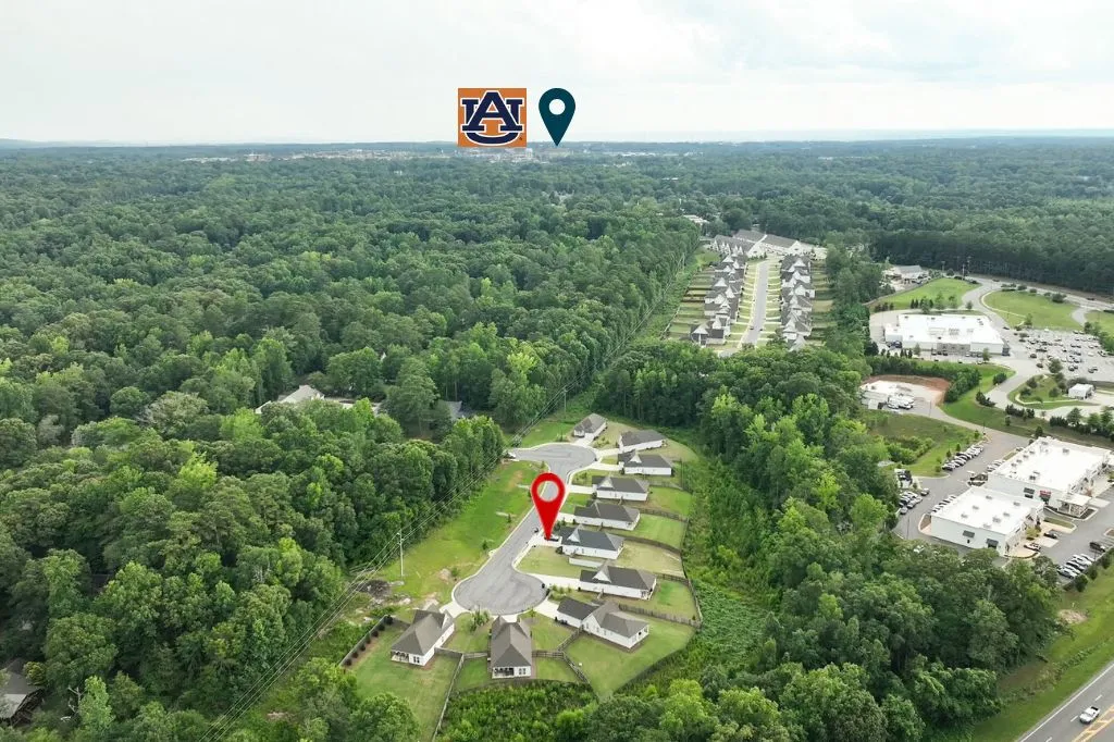 An aerial perspective reveals a vibrant community nestled within abundant green spaces.