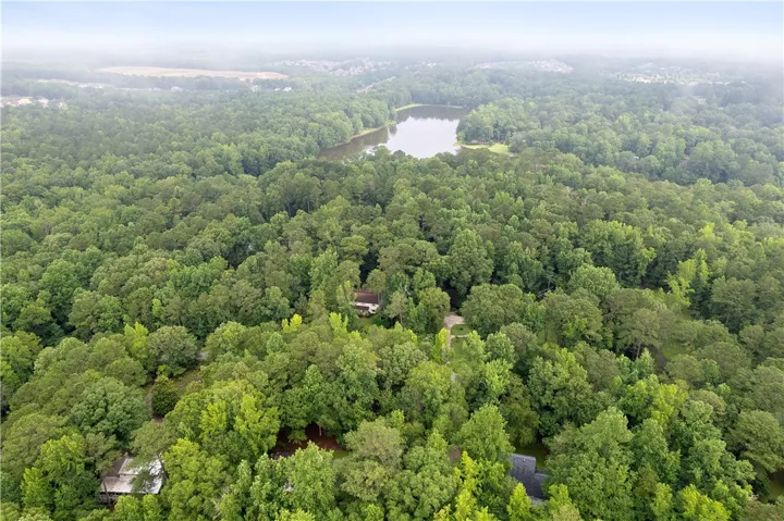 This aerial view showcases a secluded residence nestled within a vast expanse of lush, mature trees and a tranquil lake.