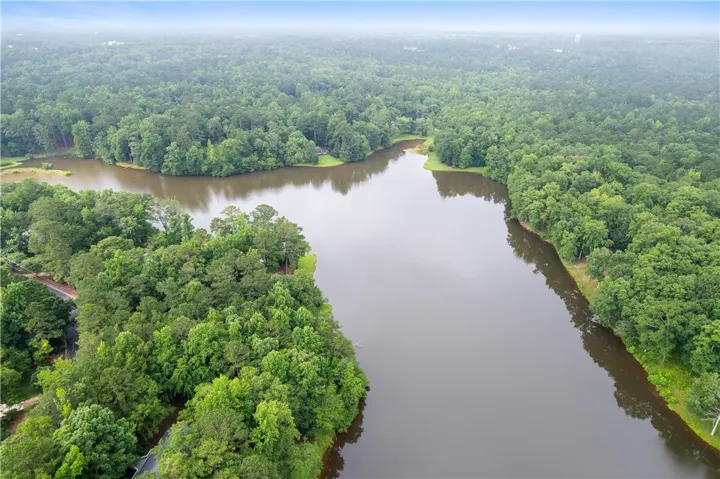 This aerial view showcases a serene lake surrounded by a lush, verdant forest.
