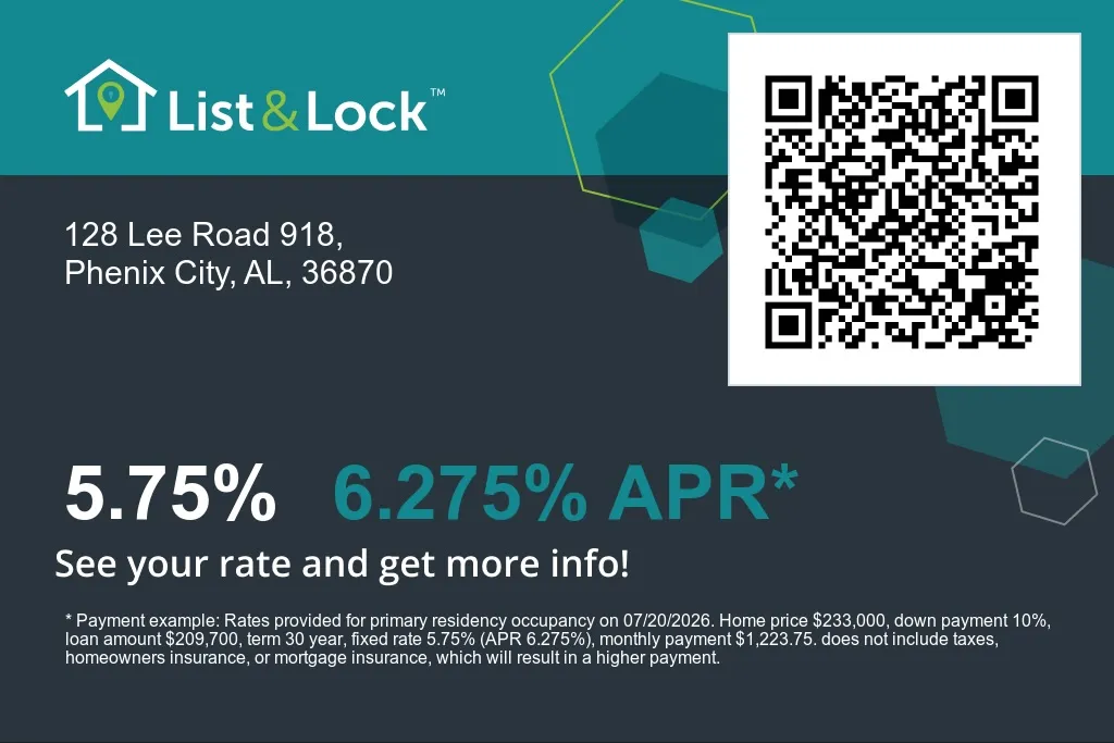 This house comes with a REDUCED RATE as low as 5.875% (APR 6.389%) as of 07/22/2026 through List & Lock™. This is a seller paid rate-buydown that reduces the buyer’s interest rate and monthly payment. Terms apply, see disclosures for more information.