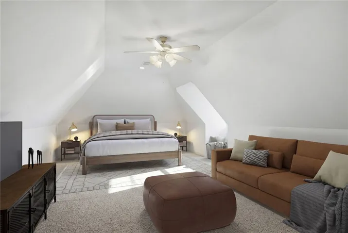 This airy bedroom features sloped ceilings, creating a unique and spacious retreat.

Virtually Staged.