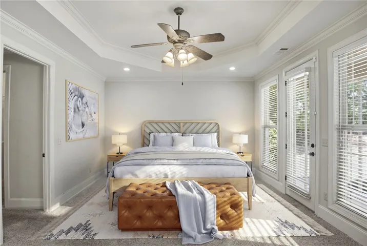 This airy bedroom offers a serene retreat with natural light. 
Virtually Staged.