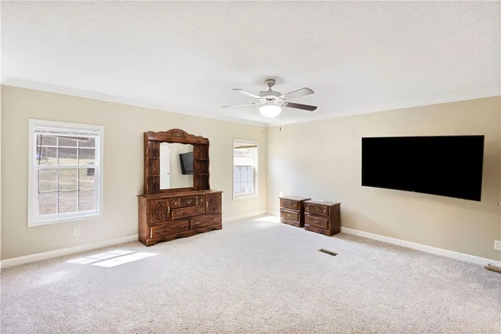 This primary bedroom features comfortable carpeting and ample natural light, creating a peaceful retreat.