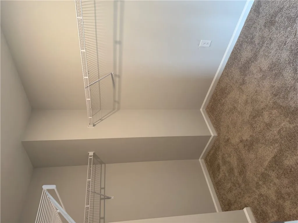 Functional wire shelving provides organized storage in this carpeted walk-in closet.