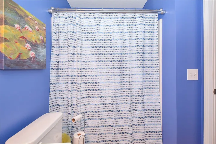 Bright and functional bathroom with vibrant walls and a convenient shower.