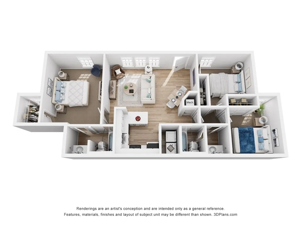 3 bedroom 2 bathroom decorative floorplan