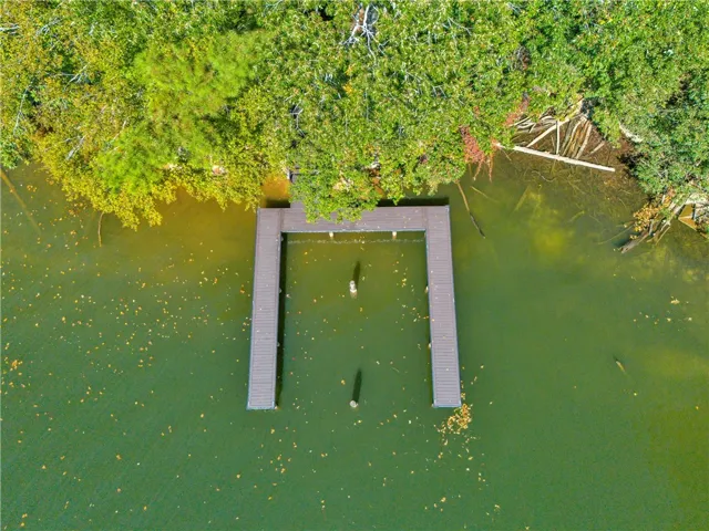 This aerial view showcases a private dock extending into the tranquil waters.