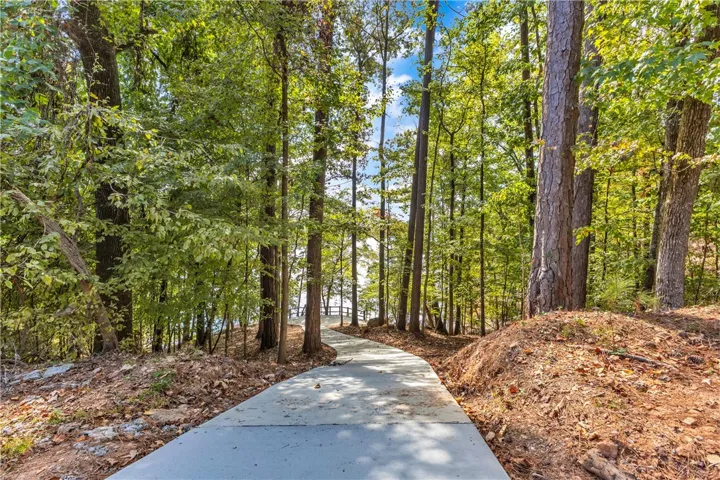 A winding path leads through a lush, verdant landscape toward the shimmering water.