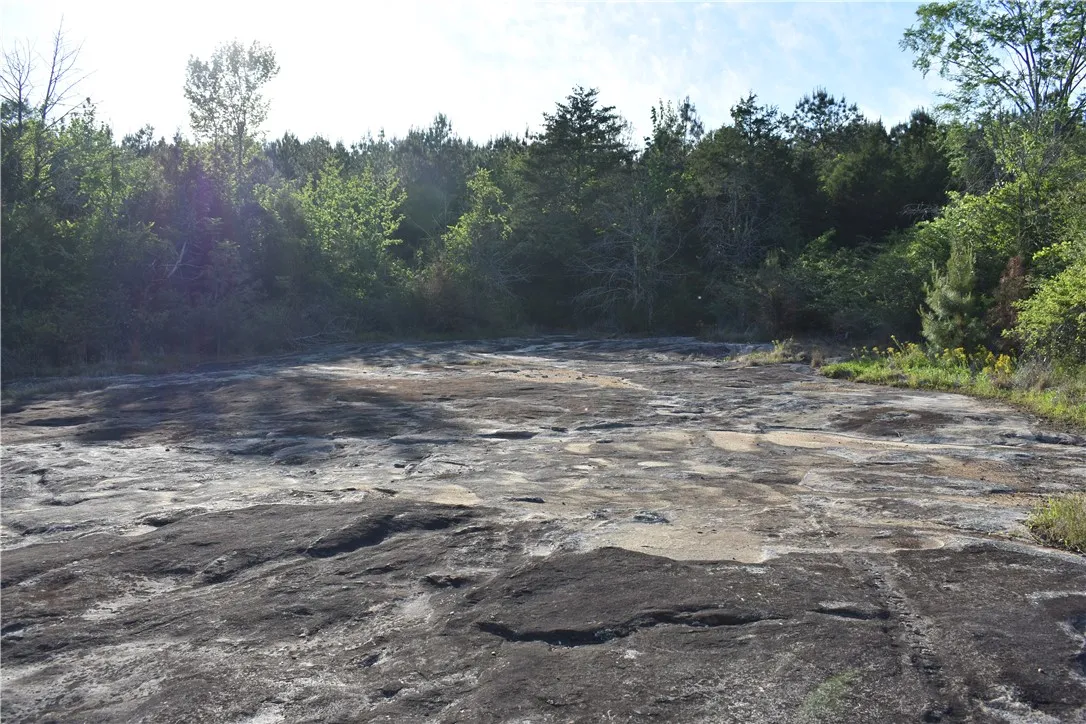 This scenic landscape features a vast expanse of natural rock formations bordered by lush trees.