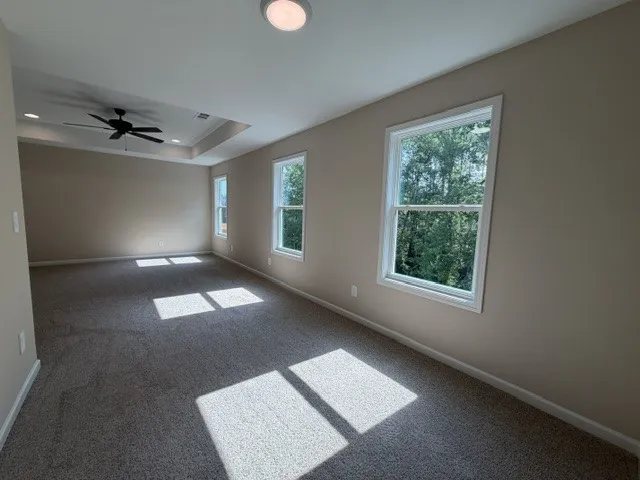 Sun-drenched primary bedroom with plush carpeting and elegant tray ceiling.
