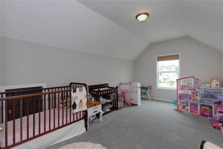 This spacious nursery features vaulted ceilings and plush carpeting, perfect for a growing family.