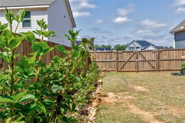 This spacious backyard offers privacy with its sturdy wooden fence.