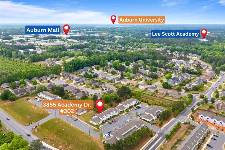 This aerial view showcases a vibrant community nestled among lush greenery.