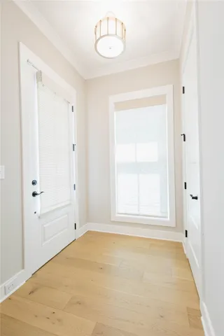 This entry area offers light hardwood flooring and a stylish overhead light fixture.