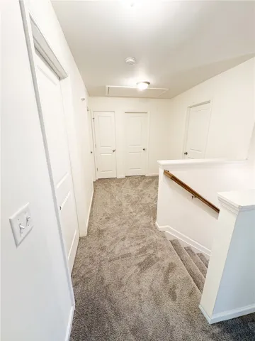 This interior hallway features carpeted flooring and multiple doors leading to various rooms.