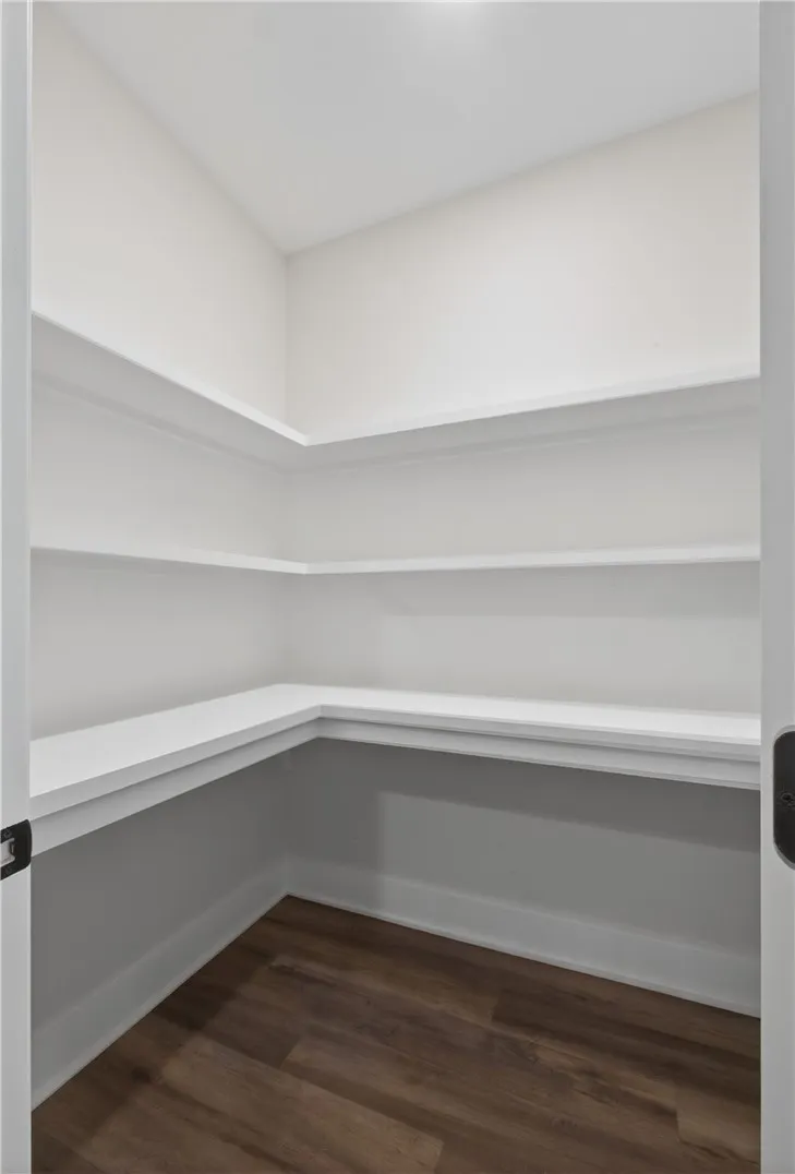 This spacious pantry offers ample shelving for organized storage.