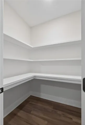 This spacious pantry offers ample shelving for organized storage.