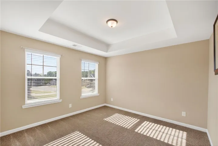 This inviting room features soft natural light, plush carpeting, and an elegant tray ceiling.