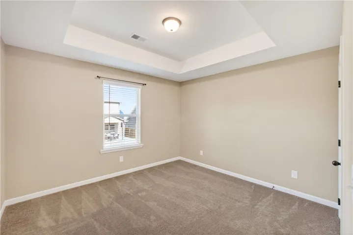 An inviting room features a tray ceiling, soft carpet, and natural light.