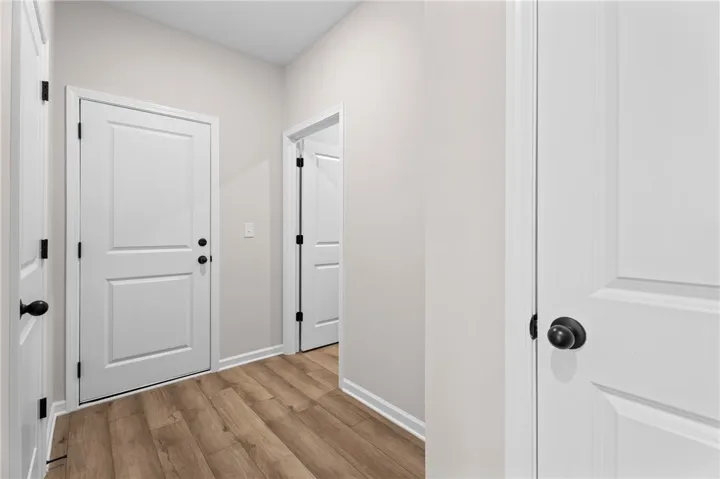 A well-lit entry hall with warm wood flooring and clean white doors offers a welcoming transition.