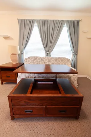 The coffee table has built-in storage.