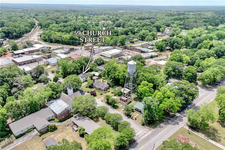 An aerial view captures a quiet neighborhood enveloped by lush green trees.