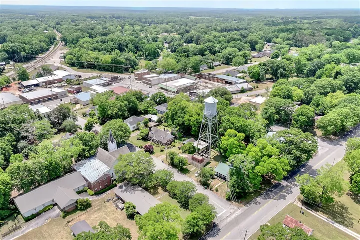 Aerial view showcasing a community with abundant green spaces and local amenities.