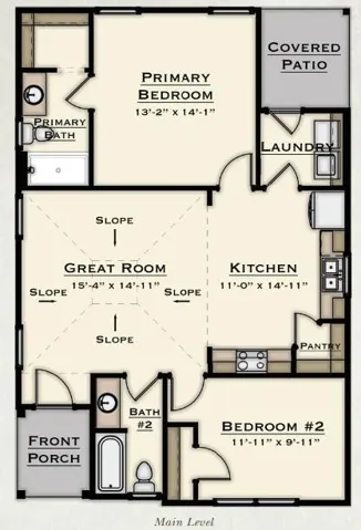 Functional layout highlighting a comfortable primary bedroom, a secondary bedroom, and essential living spaces.