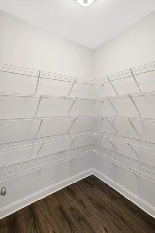 Well-organized kitchen storage solutions are available in this pantry with ample shelving.