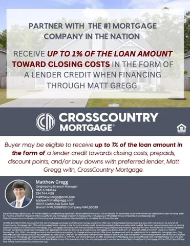 **Receive up to $6,000 in closing cost assistance! Buyer may receive 1% of the loan amount paid by Matthew Gregg when financing with CrossCountry Mortgage, with the remaining amount negotiable and paid by the seller.**