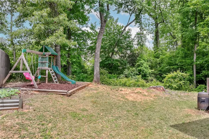 This spacious yard offers a vibrant play area and abundant natural surroundings for outdoor enjoyment.