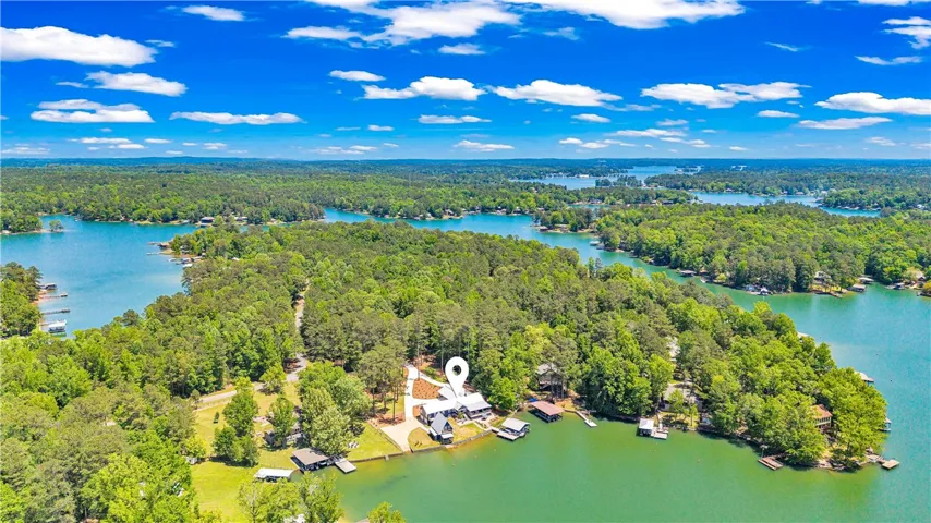 This aerial view showcases a vibrant waterfront property nestled amidst lush greenery and tranquil waters.