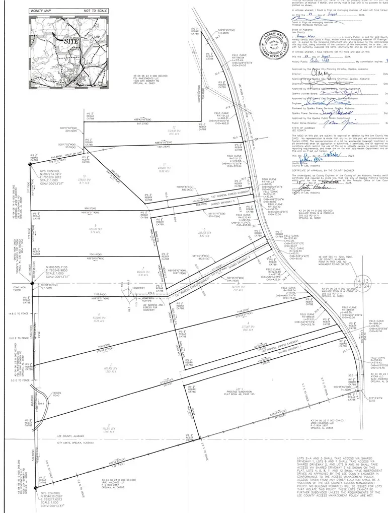 A comprehensive plat map delineates property boundaries and easements for a new development.