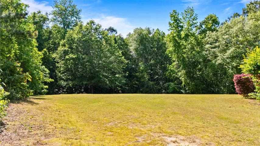 The large back yard lawn is framed by lush, mature trees, offering a private setting.