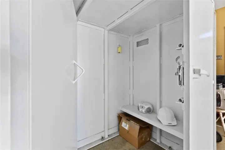 The storm shelter has built-in seating.