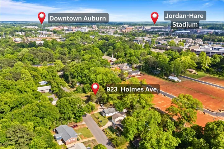 This elevated aerial view captures how close to downtown Auburn and Jordan Hare Stadium!
