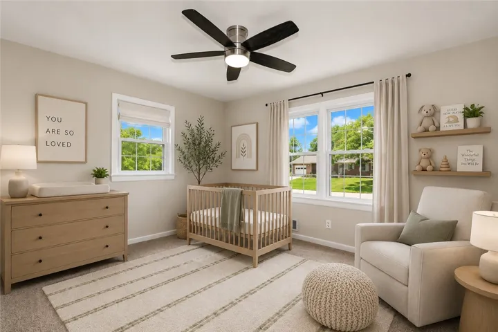 This bright and inviting nursery features ample natural light and a comforting atmosphere.